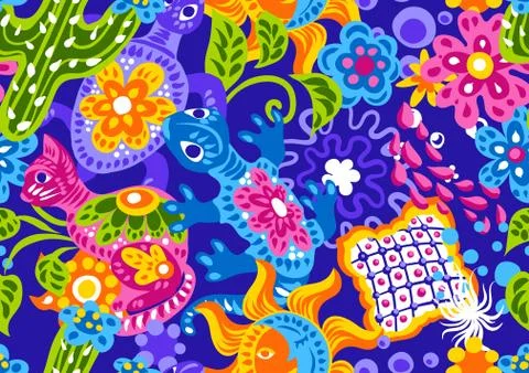 Mexican pattern with cute naive art items. 스톡 일러스트