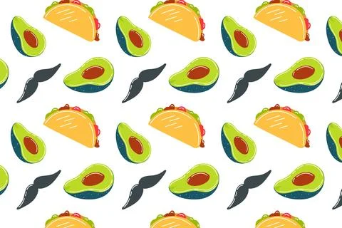 Mexican pattern, seamless avocado pattern, tacos and mustache. Stock Illustration