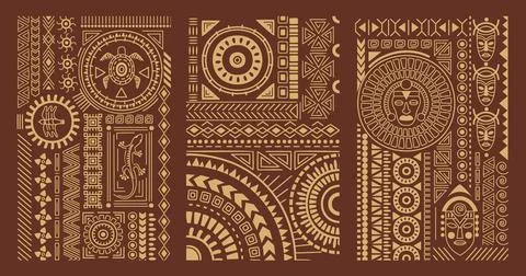 Mexican pattern set. Ornate posters with tribal Polynesian or African ornaments Stock Illustration