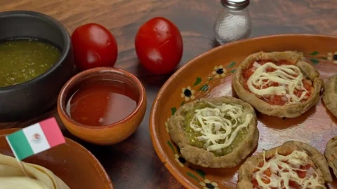 Mexican Pelliscaditas, sopes and quesillo cheese with a mexican flag, Pan right Stock Footage 278565366