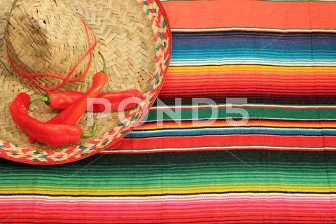Mexican poncho sombrero background striped serape with copy space chili pepper Stock Photos