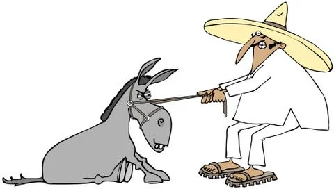 Mexican pulling a stubborn donkey Stock Illustration