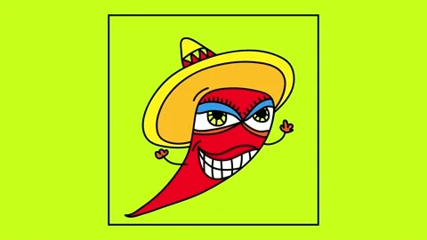 Mexican red chilli wearing a big sombrero and showing its perfect smile and Video stock 131682850