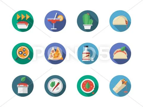 Mexican restaurant round flat color vector icons Stock Illustration