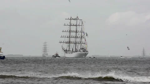 Mexican sail training ship is sailing away Stock Footage 30439289