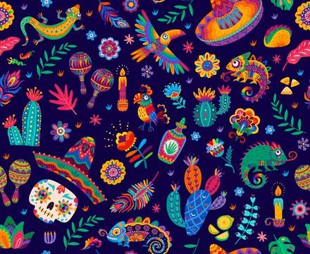 Mexican seamless pattern of flower, birds, animals Stock Illustration