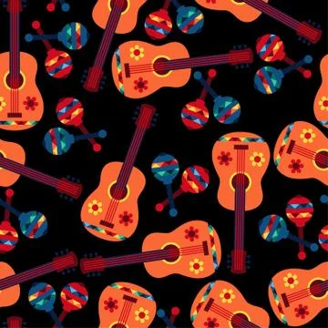 Mexican seamless pattern with guitars and maracas Illustrazione stock