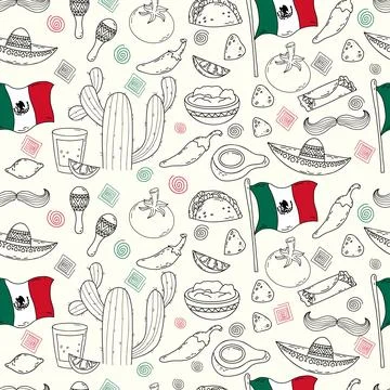 Mexican seamless pattern. Traditional elements culture, food and flag on wh.. Stock Illustration