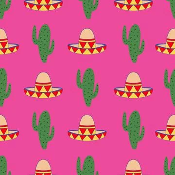 Mexican seamless vector pattern with sombrero hat and cactus Stock Illustration