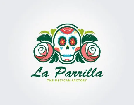 Mexican skull logo template. Vector illustration of Day of the Dead or Sugar Stock Illustration
