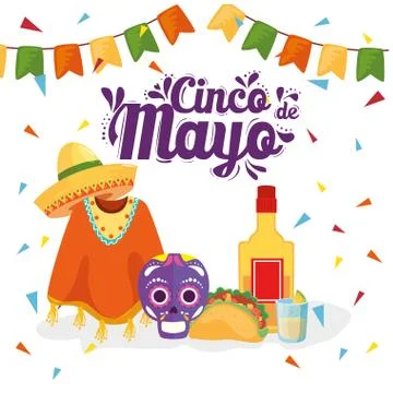 Mexican skull poncho hat taco and tequila bottle of Cinco de mayo vector design Illustrazione stock