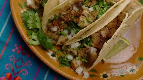 Mexican Slow Cooker Pulled Pork tacos, top view Stock Footage 283421395
