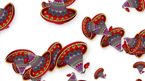 Mexican Sombrero Hats Exploding and Floating on White Background Stockbeeldmateriaal 347433101