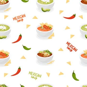 Mexican soups. Seamless pattern with traditional Tomato Soup with tortilla .. Stock Illustration