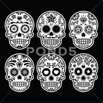 Mexican sugar skull, Dia de los Muertos icons set on black Stock Illustration