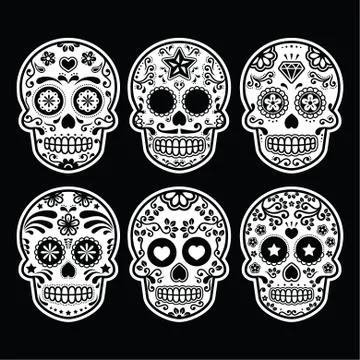 Mexican sugar skull, Dia de los Muertos icons set on black Stock Illustration