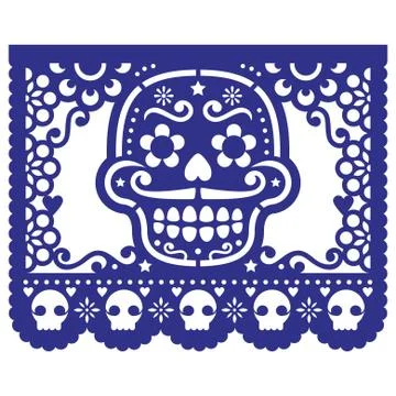 Mexican sugar skull vector Papel Picado design for Halloween, Dia de Los Muertos Stock Illustration