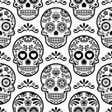 Mexican sugar skull vector seamless pattern, Halloween candy skulls background Stock Illustration