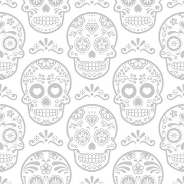 Mexican sugar skull vector seamless pattern, Halloween candy skulls background Stock Illustration
