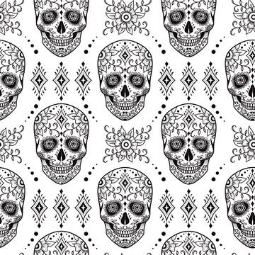 Mexican sugar skull vector seamless pattern, Stock Illustration
