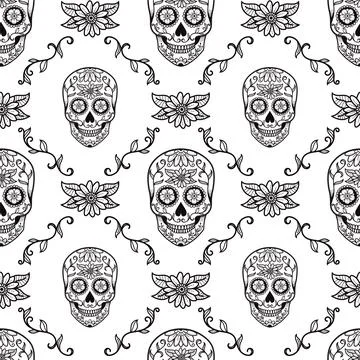 Mexican sugar skull vector seamless pattern, 스톡 일러스트