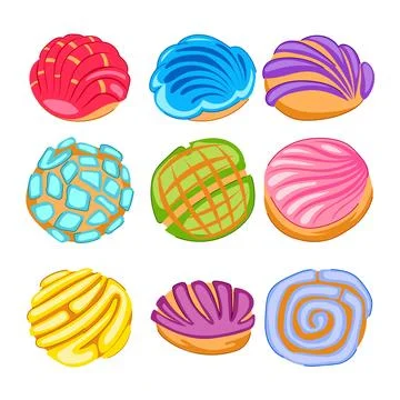 Mexican sweet concha bread collection colorful illustration Stock Illustration