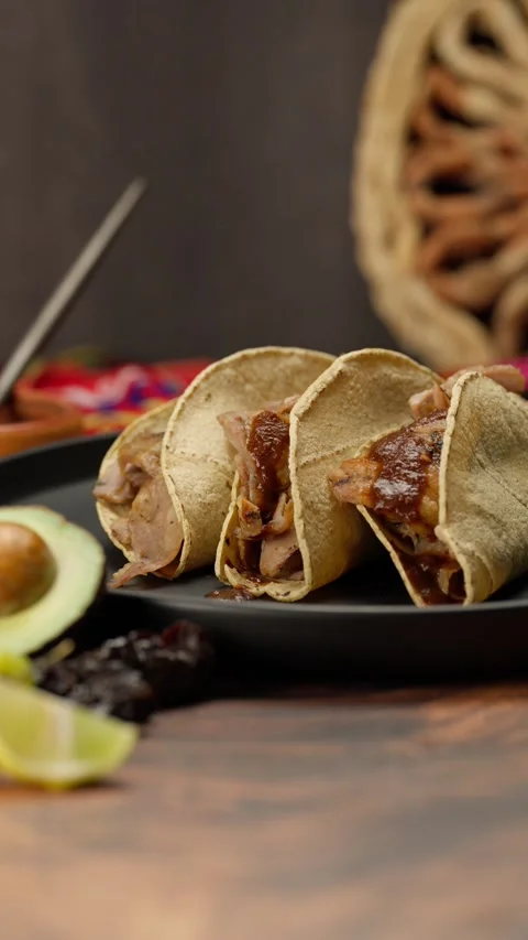 Mexican taco with meat and corn tortilla, vertical food video Stock Footage 282423413