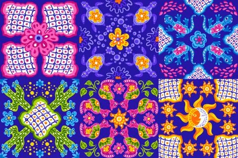 Mexican talavera ceramic tile pattern. Cute naive art items. イラスト素材