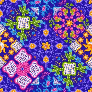 Mexican talavera ceramic tile pattern. Cute naive art items. Stock Illustration