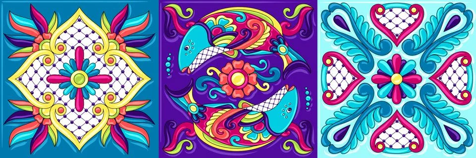 Mexican talavera ceramic tile pattern with fishes. Stock Illustration