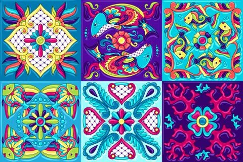 Mexican talavera ceramic tile pattern with fishes. Stock Illustration