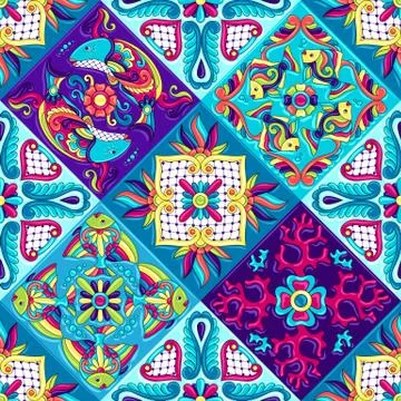Mexican talavera ceramic tile pattern with fishes. Stock Illustration