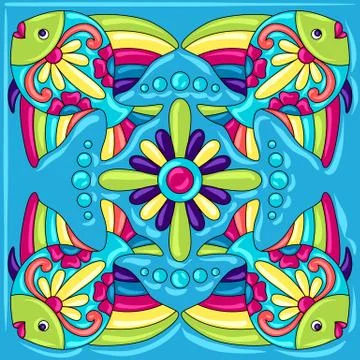 Mexican talavera ceramic tile pattern with fishes. Stock Illustration