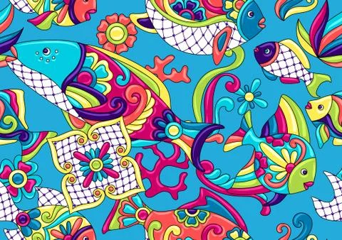 Mexican talavera ceramic tile pattern with fishes. Stock Illustration