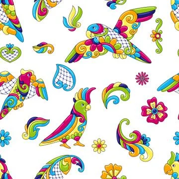Mexican talavera ceramic tile pattern with tropical parrots. Illustrazione stock