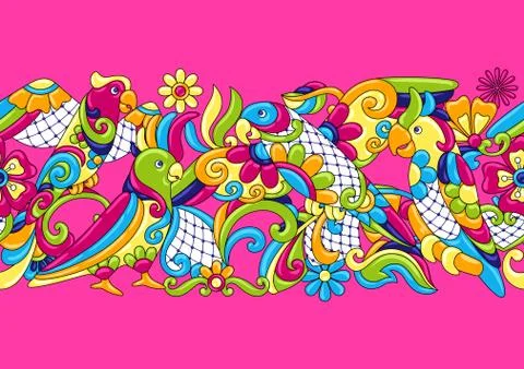 Mexican talavera ceramic tile pattern with tropical parrots. Illustrazione stock