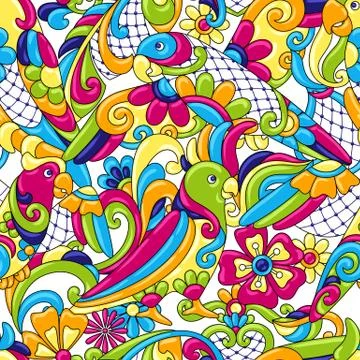 Mexican talavera ceramic tile pattern with tropical parrots. Stock Illustration