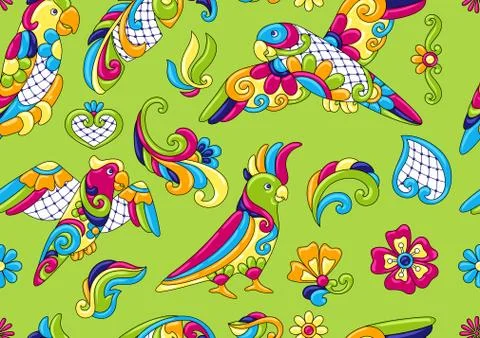 Mexican talavera ceramic tile pattern with tropical parrots. Illustrazione stock