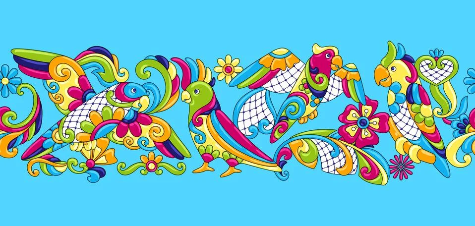 Mexican talavera ceramic tile pattern with tropical parrots. Illustrazione stock
