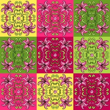 Mexican talavera ceramic tile pattern with flowers. イラスト素材