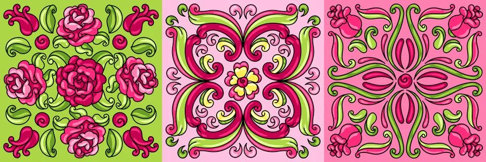 Mexican talavera ceramic tile pattern with flowers. イラスト素材