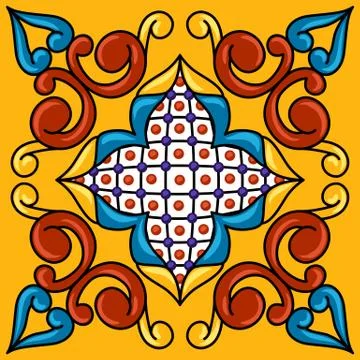 Mexican talavera ceramic tile pattern. Decoration with ornamental flowers. Stock Illustration
