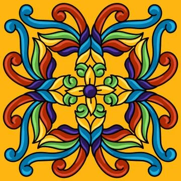 Mexican talavera ceramic tile pattern. Decoration with ornamental flowers. Stock Illustration