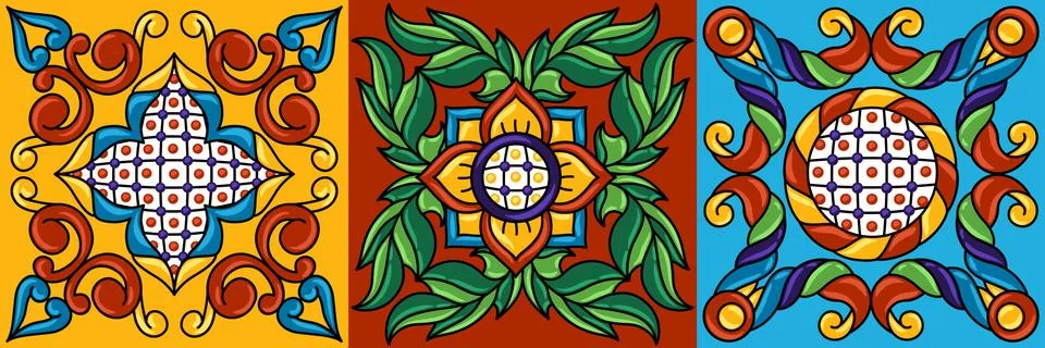 Mexican talavera ceramic tile pattern. Decoration with ornamental flowers. Stock Illustration