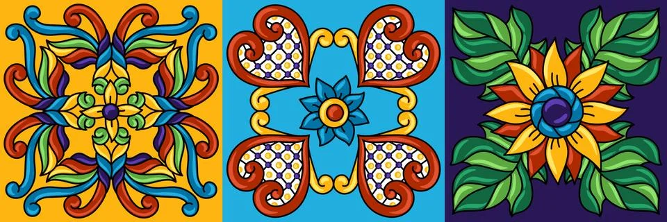 Mexican talavera ceramic tile pattern. Decoration with ornamental flowers. イラスト素材