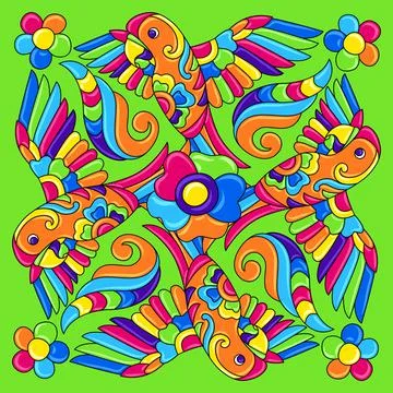 Mexican talavera ceramic tile pattern with tropical parrots. Traditional Illustrazione stock