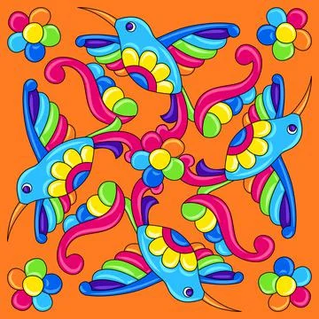 Mexican talavera ceramic tile pattern with tropical hummingbirds. Traditional Stock Illustration