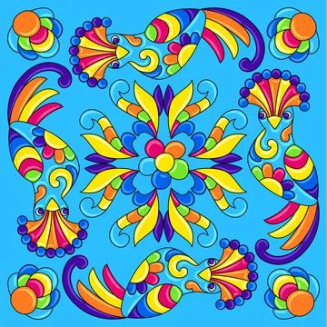 Mexican talavera ceramic tile pattern with tropical crowned fly-eate birds 스톡 일러스트