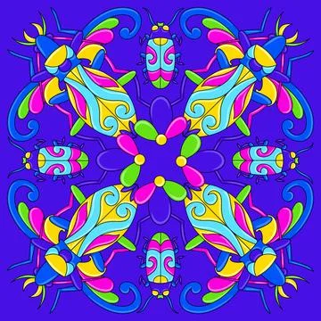 Mexican talavera ceramic tile pattern with stylized bugs and insects Illustrazione stock