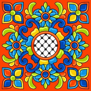 Mexican talavera ceramic tile pattern. Decoration with ornamental flowers イラスト素材